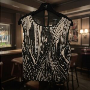 MARINA Black and Cream Matte Sequin Top